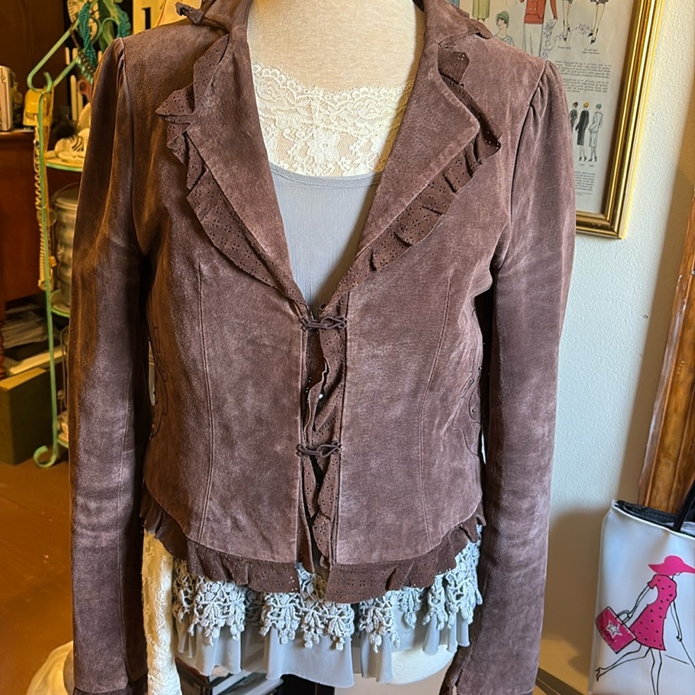 Ladies Vintage Boho Suede Leather “Black Rivet” Jacket Sz L